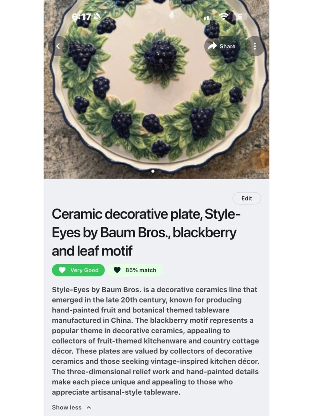 Ceramic Decorative Plate with Blackberry and Leaf Motif, Style-Eyes by Baum Bros